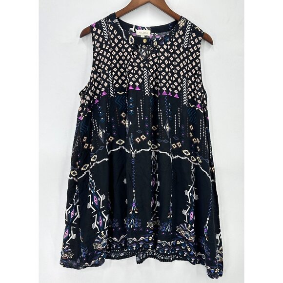 Velzera Tunic Mini Dress Womens Sleeveless Boho Ikat Rayon Black Pink M - Picture 1 of 9